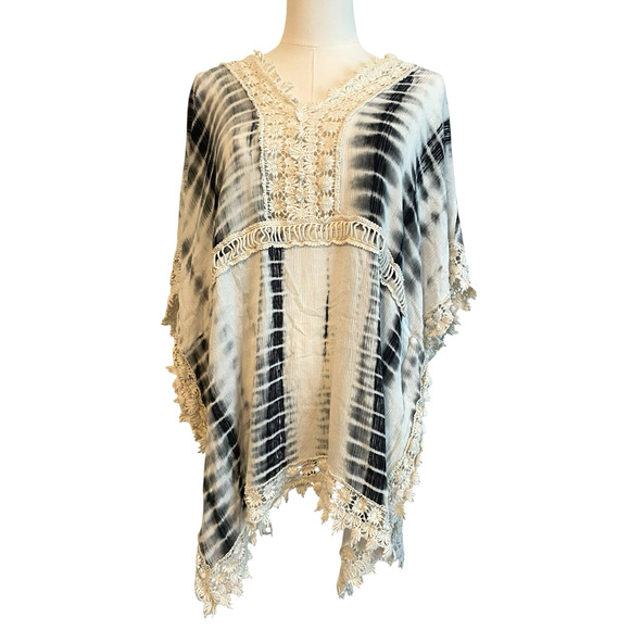 easel Tops - Easel Boho Top Womens M Tie Dye Crochet Lace Butterfly Sleeve Tunic Festival